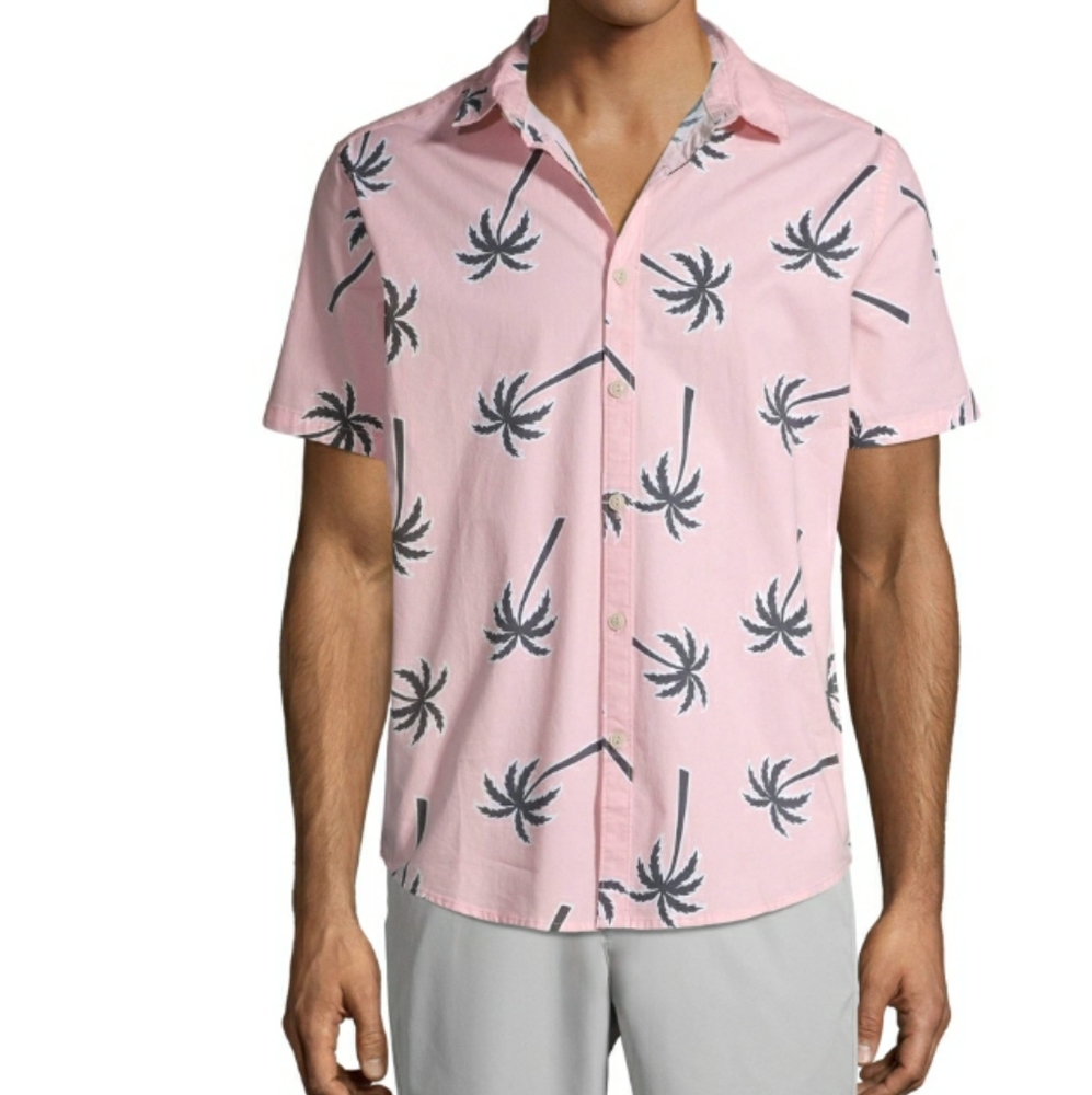 Men M Pink tropical Hawaiian button up dress shirt
